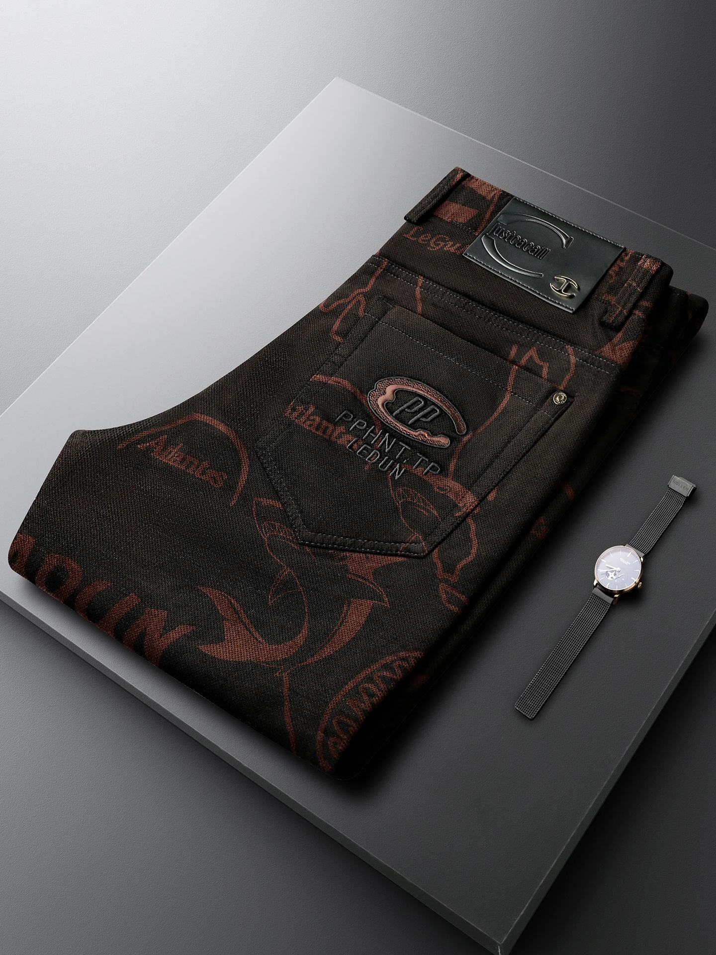 

Faionable Brown Embroidered Slim Fit Casual Pants for Men Straight Leg Commute Autumn New Busin Cotton Modal Elastane