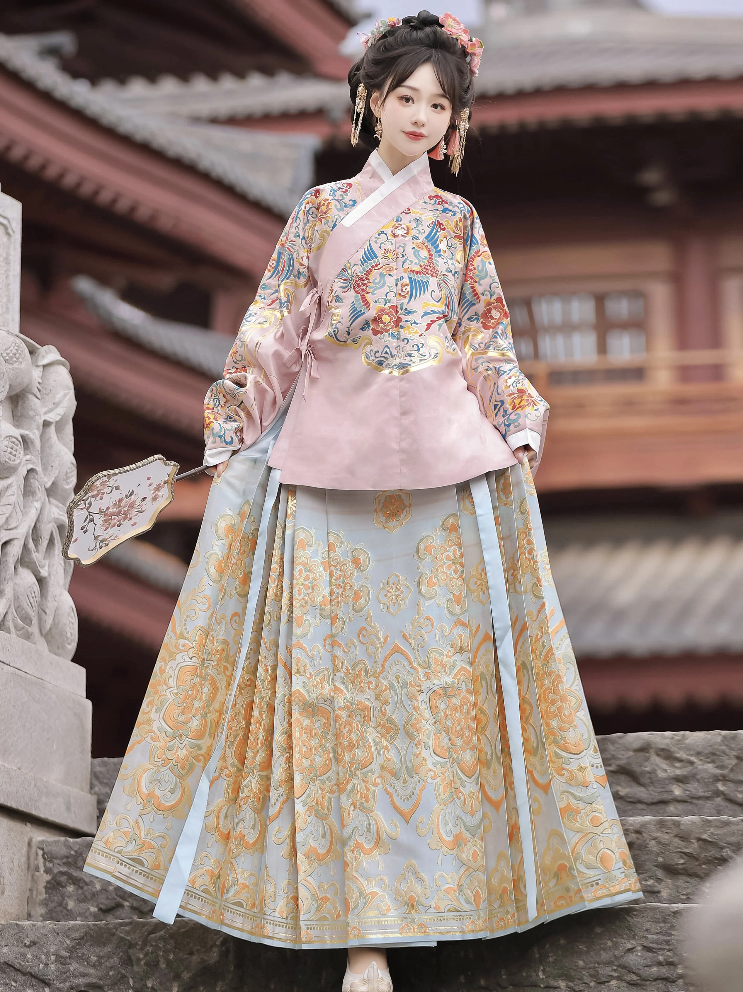 Spring and autumn new Hanfu female Minghua pink makeup yarn short blouse with pipa sleeve horse skirt set