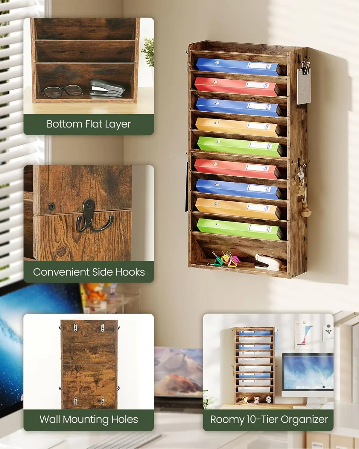 10-Tier Wall Mount File Organizer with Removable Shelves and Side Hooks, Rustic Brown Wooden Office Storage