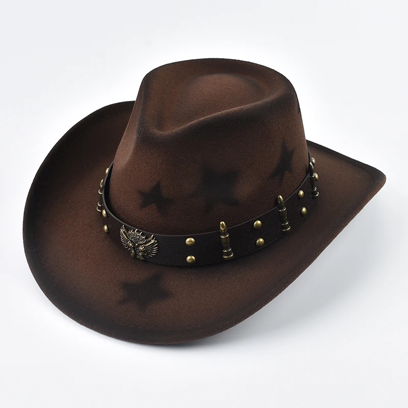

Vintage Style Western Cowboy Hat With Punk Belt Winter Autumn Imitation Wool Cowgirl Jazz Hat Party Costume Accessories