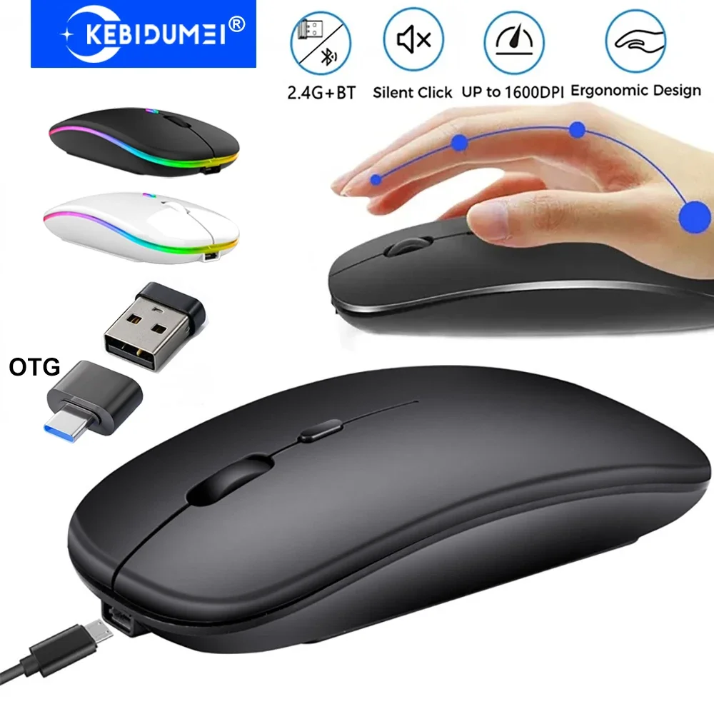 KEBIDUMEI Dual Mode Bluetooth 2.4G Wireless Mouse Rechargeable Silent Mice Utrathin RGB Backlit Gaming Mouse for Laptop Macbook