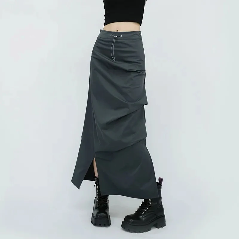 

Gidyq Streetwear Women Midi Skirt Spring American Style Fashion High Waist Skirt Harajuku Casual Female Folds A Line Skirts New