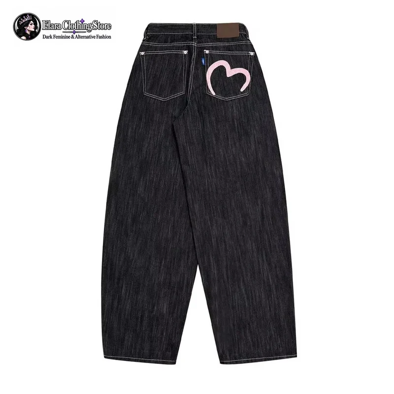 Elara Oversized American Y2K Style Women's Jeans Loose Jeans 2026 New Grunge Heart Pocket Retro Straight Leg Wide Leg Pants