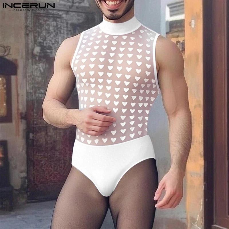 Summer Men Bodysuits Printing Mesh Patchwork See Through INCERUN Sexy Male Rompers Sleeveless Fashion Bodysuit S-3XL Oversize