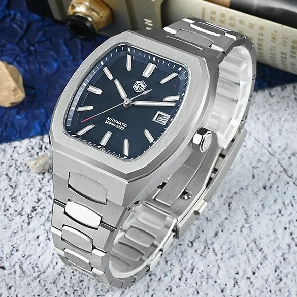 

San Martin Мужские автоматические часы 39,5 мм Tonneau Механические наручные часы Минеральный циферблат Сапфировое зеркало 10ATM Светящиеся PT5000 SW200