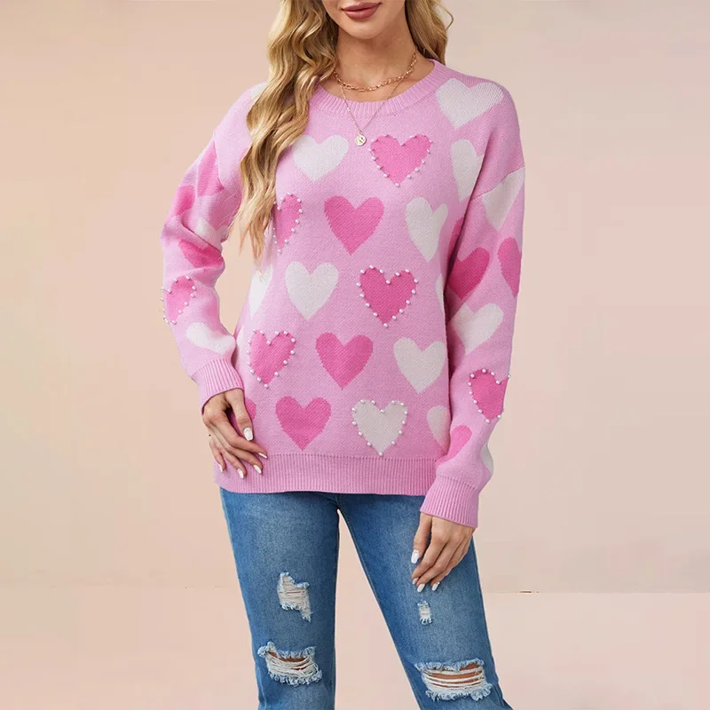 

Women's Beaded Knit Sweater Romantic Heart Embroidery Drop Shoulder Loose Pullover Crewneck Top Valentine Gift (Pearl Detail)