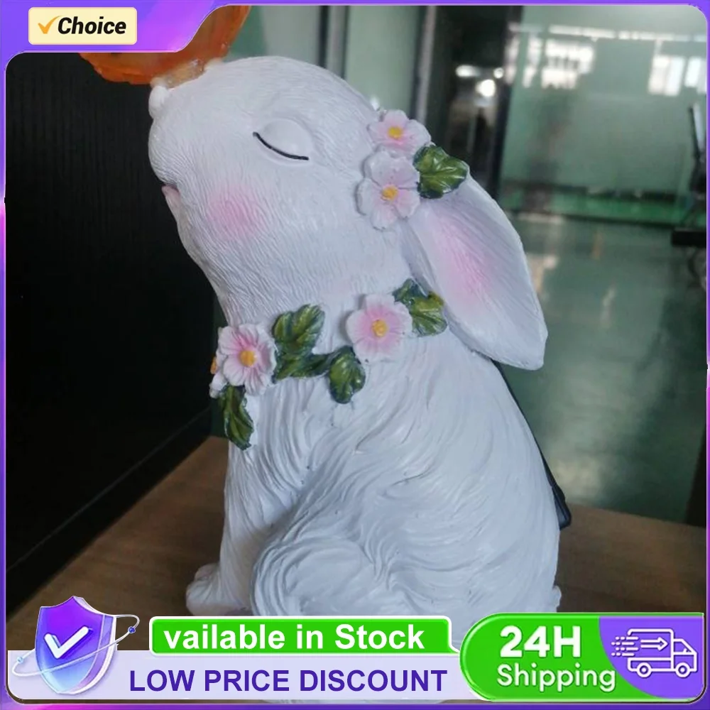 Solar Rabbit Light Bunny Butterfly Ornament Waterproof Cute Rabbit Figurine Resin Cartoon for Outdoor Garden Decor