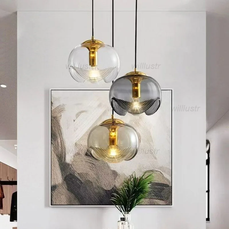 

Reeded Glass Pendant Lamp Amber Clear Smoke Suspension Light Hotel Hallway Cafe Bedside Creative Iron Hanging Ceiling Chandelier