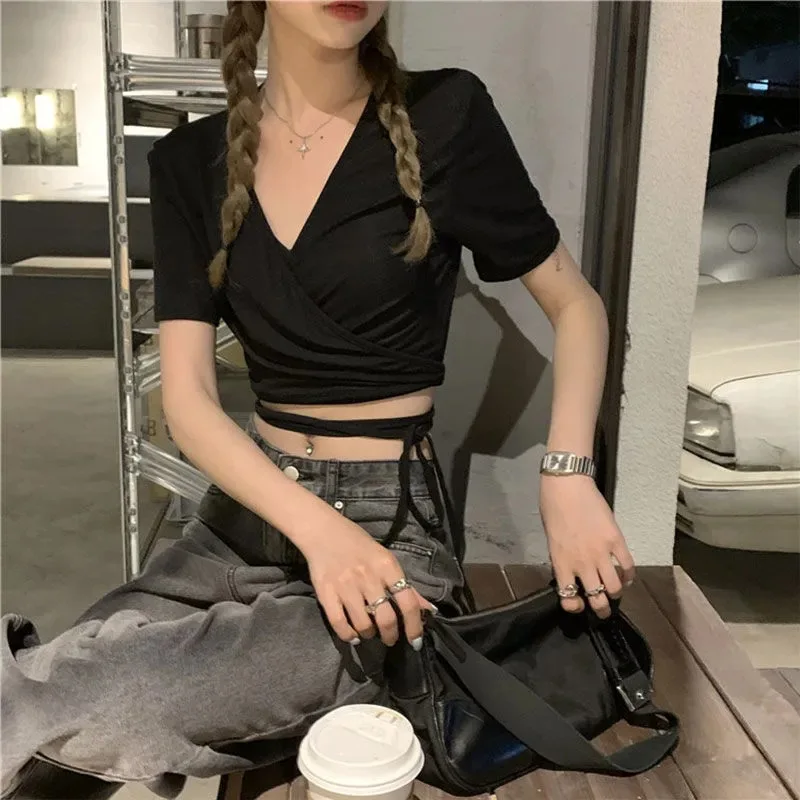 2024 Summer Casual Tee Tops Women T shirts Solid V-neck Sexy Cropped Cross Tie-Up Harajuku Basic Korean Street T-shirts mujer