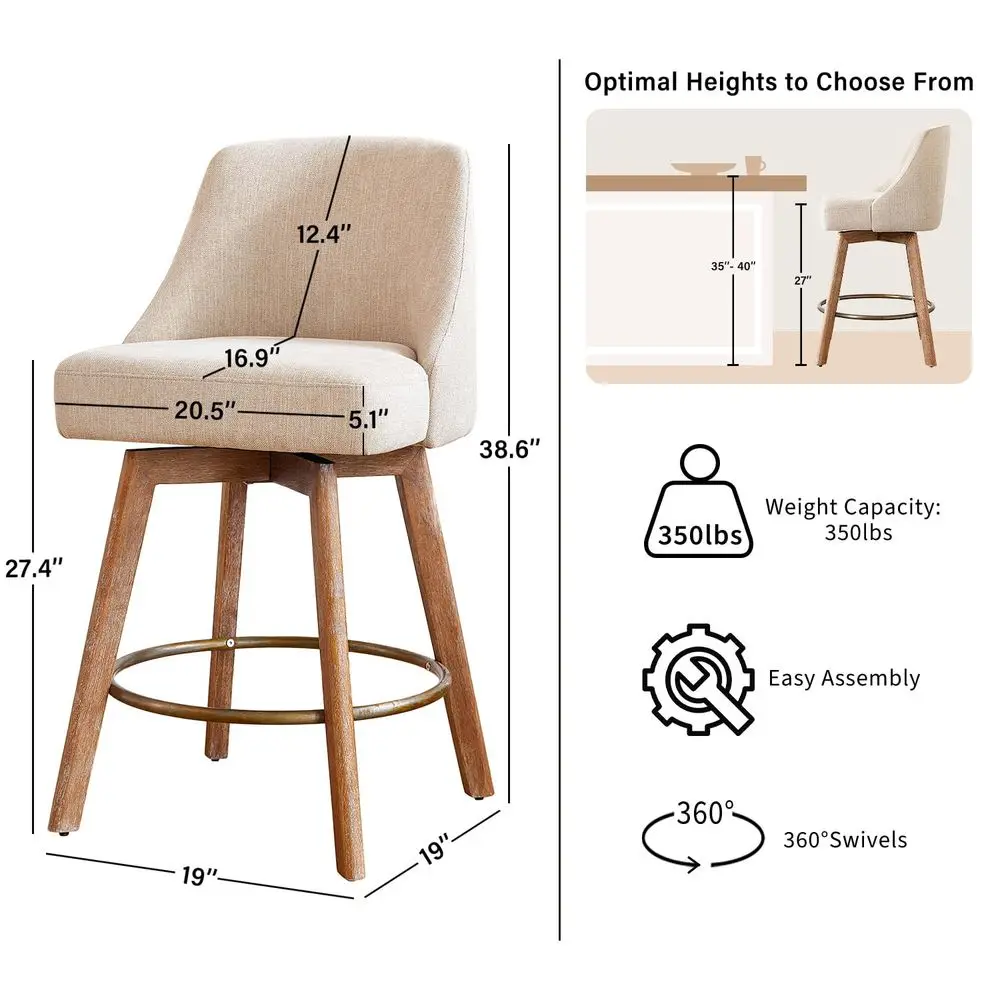 

Height Bar Stools,SandColored Linen Comfort Fabric Bar Stool Set of 3360 Swivel Counter Height Stools Solid Wood Legs,27 Barsto