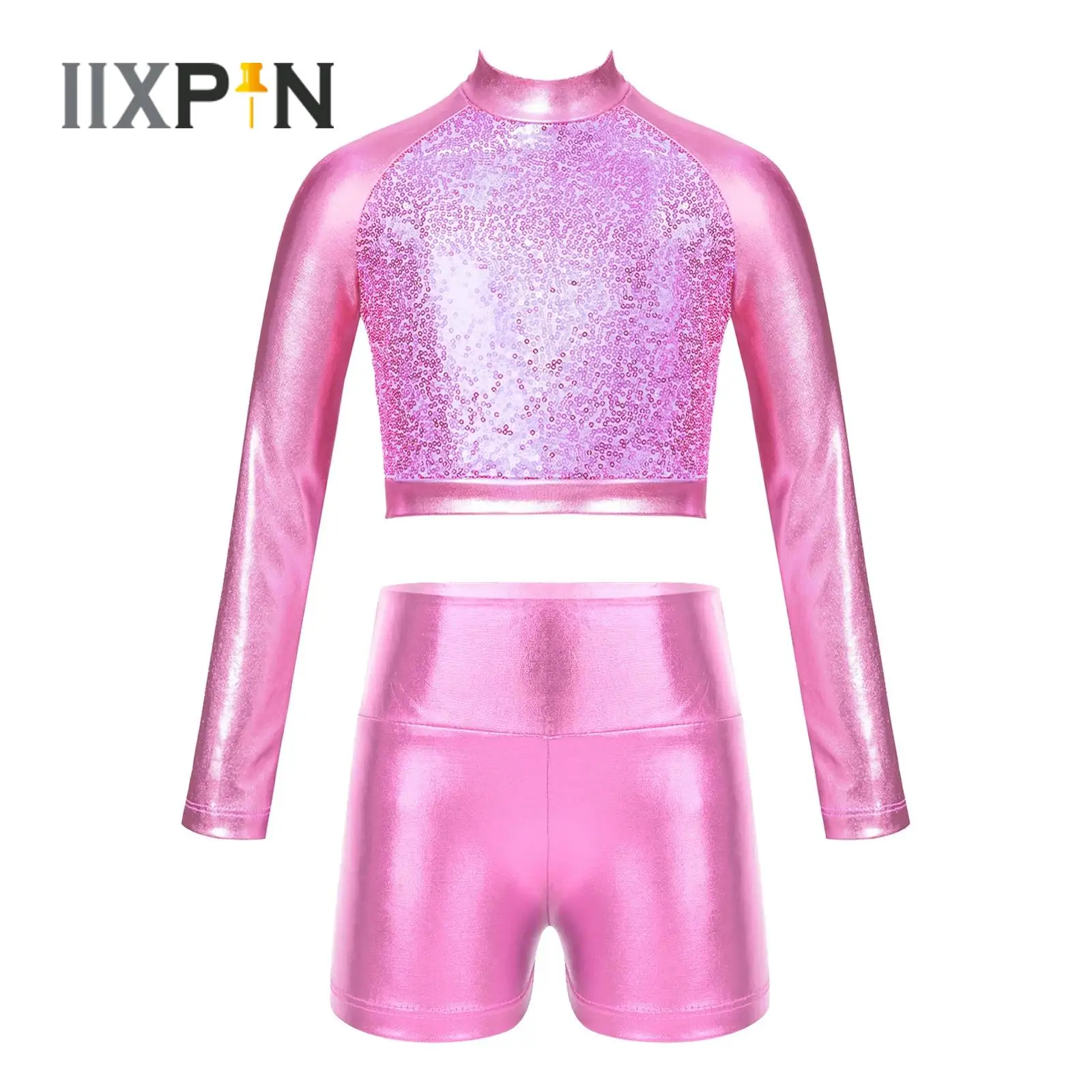 

Kids Girls Shiny Metallic Dance Top Shirts Sequin Long Sleeve Fully Lined Crop Tops for Performance Jazz Hiphop Modern Dancewear