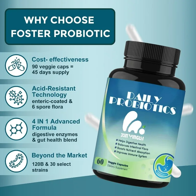 120 billion CFU probiotic prebiotics and digestive enzymes - immune digestion health support, 60 vegetable capsules