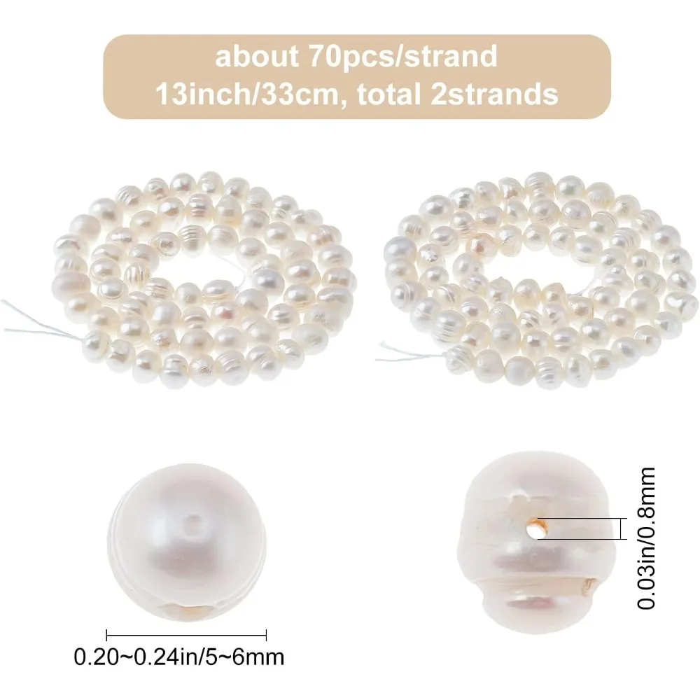 1 Box 2 Strands Freshwater Pearl Creamy White Natural Genuine Cultured Nearly Round Pearl Beads 5-6mm for Bracelets Necklaces