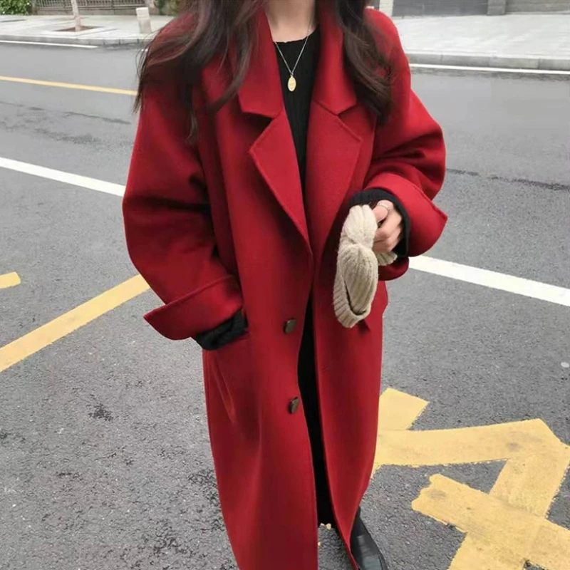 2023 New Women Fashion Hepburn Wind Long Over The Knee Woolen Coat Winter Female Loose Temperament Warm Casual All Match Outwear