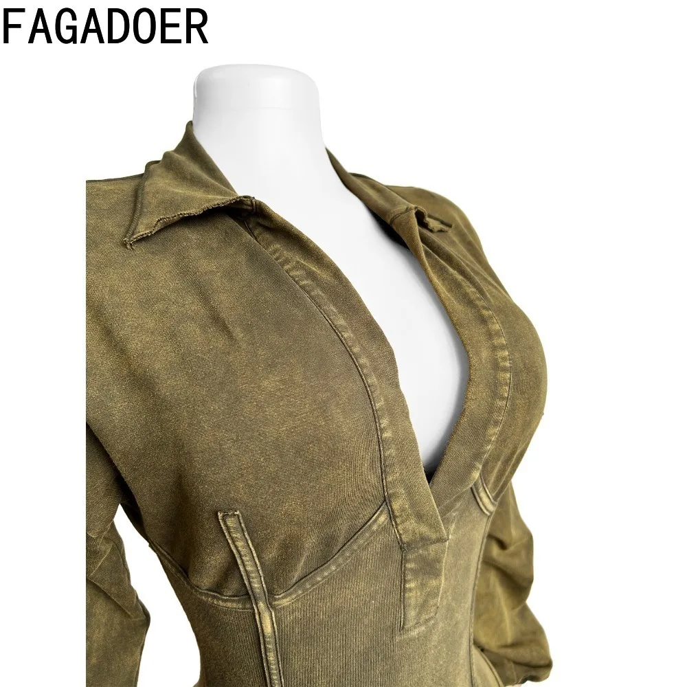 FAGADOER Fashion Solid tute aderenti a coste di alta qualità donna scollo a V manica lunga tute corte sottili tute elastiche femminili