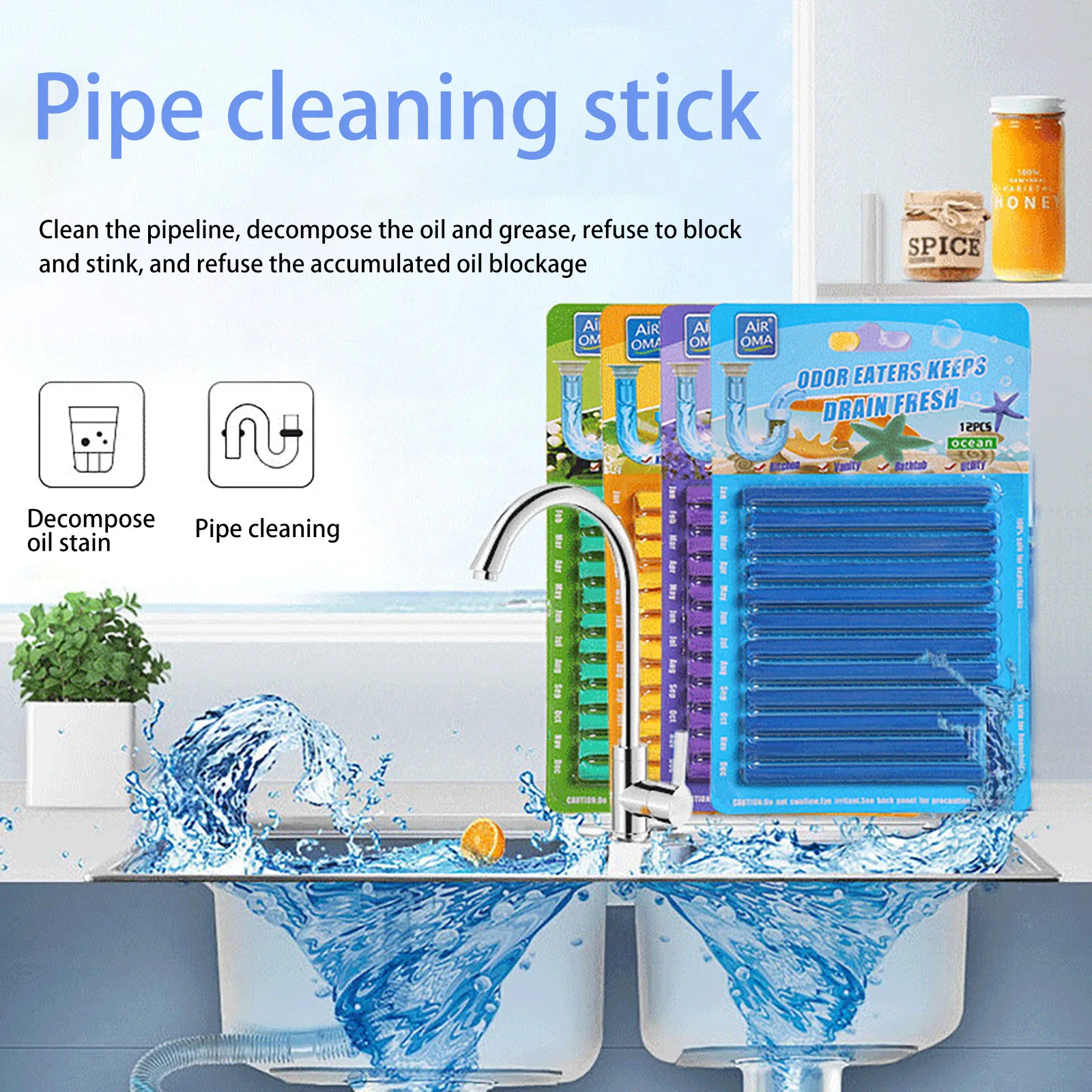 12pcs Pipe Cleaning Sticks Oil Decontamination,powerful cleaning,Drain deodorizing stick,Kitchen Toilet Bathtub Drains Cleaner