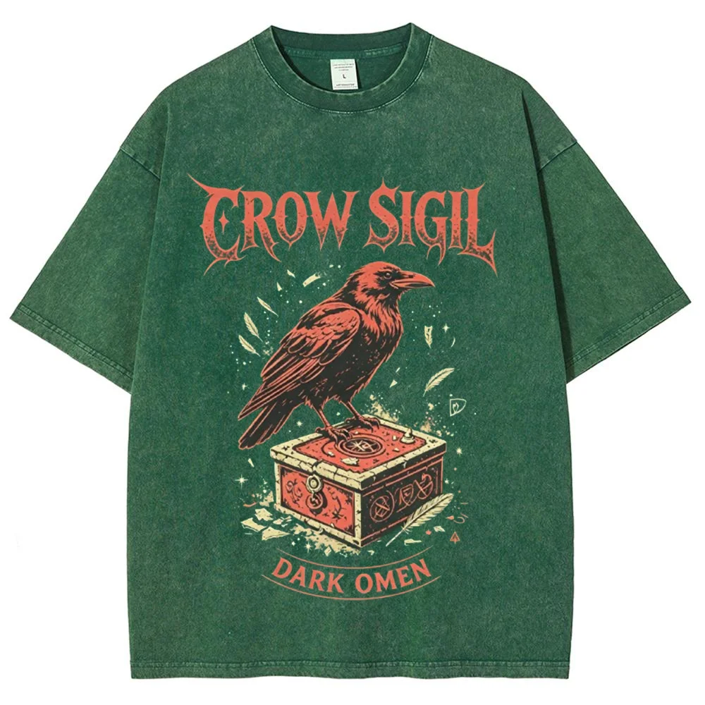 Men's Vintage Washed Black T-Shirt Crow Graphic Print Gothic Streetwear Crew Neck Short Sleeve Casual Tee