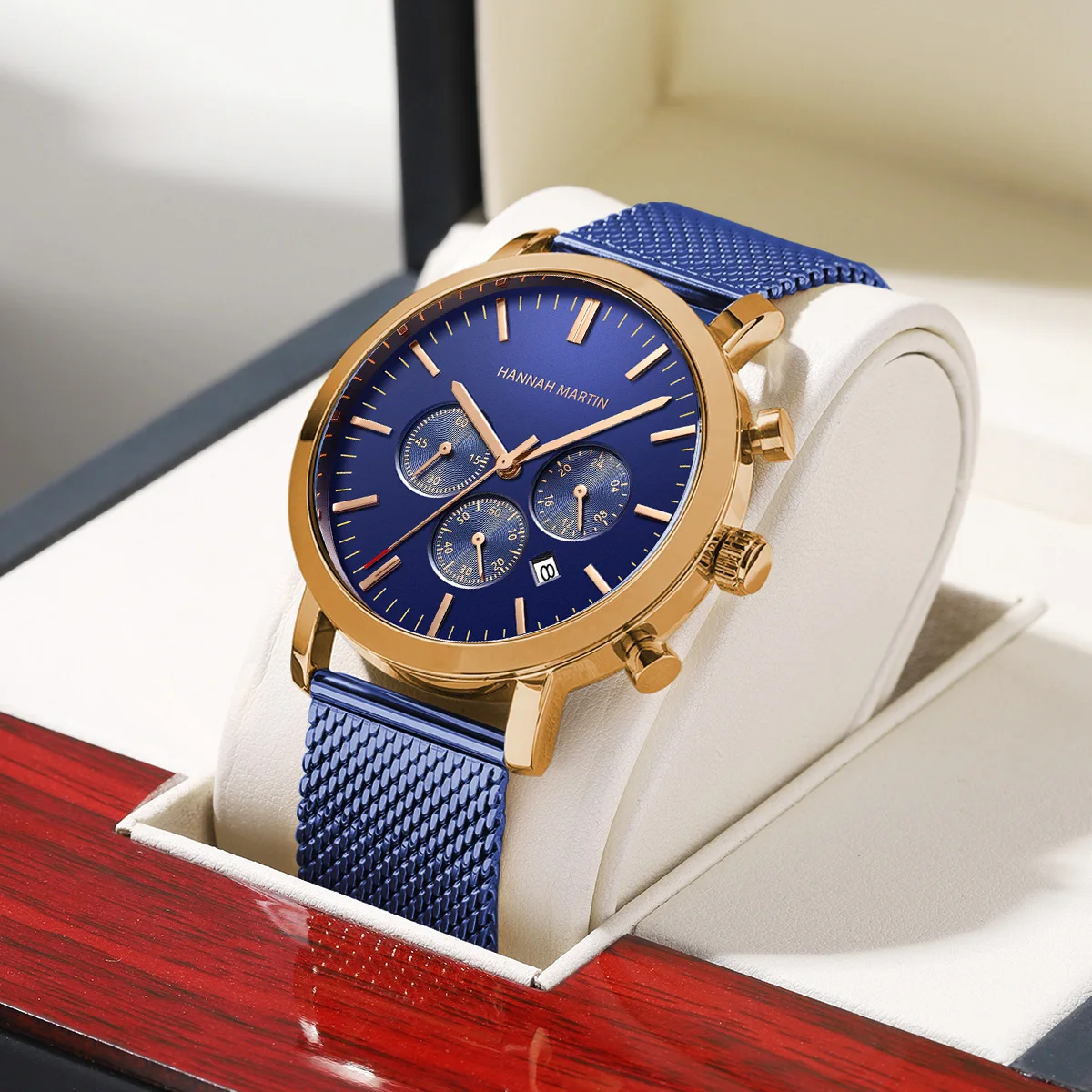 Hannah Martin Multifunctional Mens Watch Stainless Steel Mesh 45mm Timing Dial Blue Rose Gold Quartz Movement Waterproof Watches