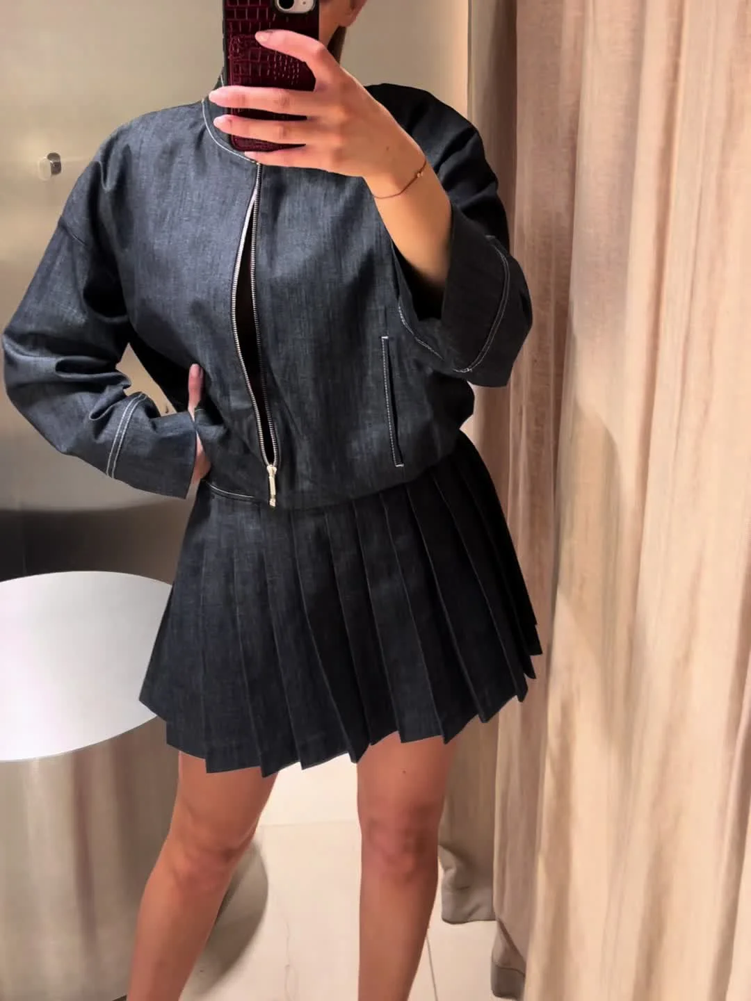 

Женская мода Джинсовая куртка Юбки Комплекты с круглым вырезом и длинным рукавом на молнии Пальто с высокой талией Тонкая мини-юбка Повседневная женская уличная одежда