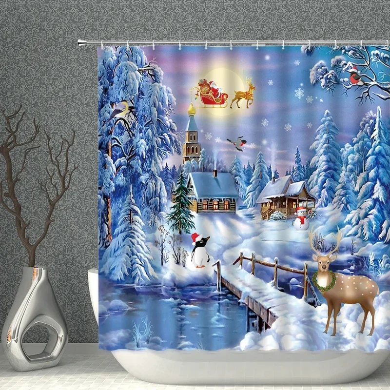 Waterproof Bathroom Shower Curtain Elk Christmas Santa Claus Fairy Snow Night Printed Bath Washable Quick Dry Wrinkle decoratio