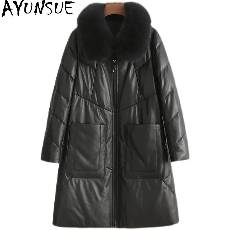 AYUNSUE-Chaqueta de piel de oveja auténtica para mujer, abrigo de plumón de pato blanco, cuello de piel de zorro, 100%