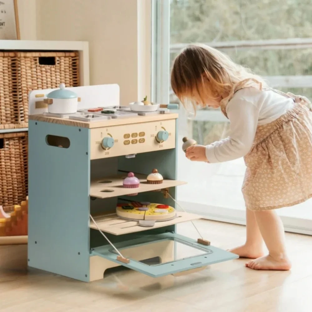 Robotime-robudふり遊びおもちゃオーブン、木製キッチンプレイセット、ピザとカップケーキのアクセサリー、子供のための食品おもちゃ、3歳、青