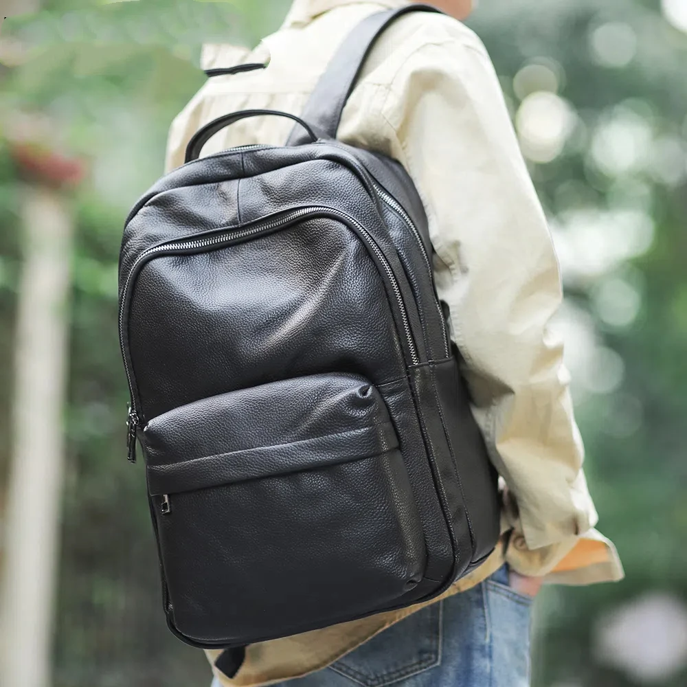 

Genuine Leather School Backpack for Students mochila Laptop Bag for 15.6'' Black Large Men Backpack for Travel 332