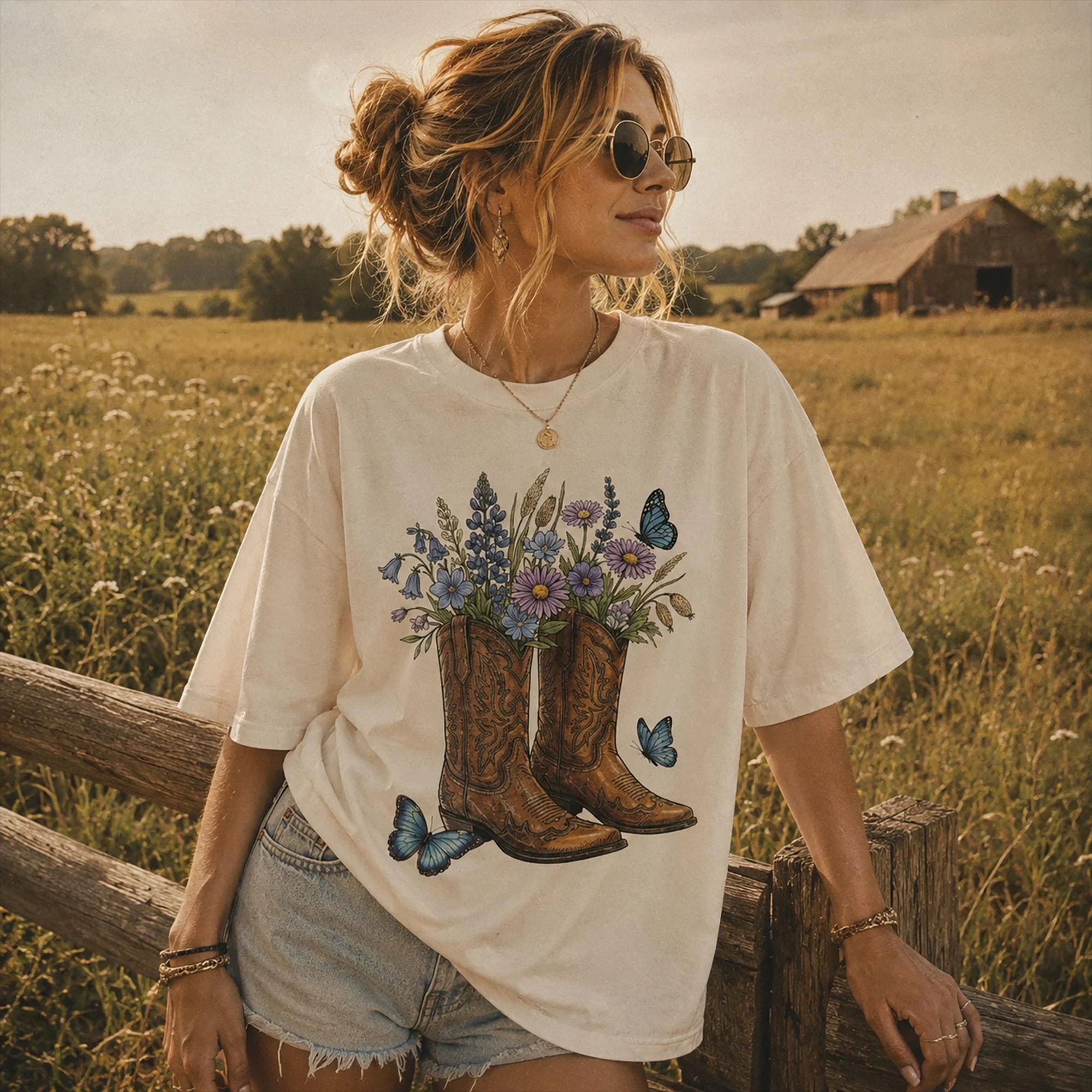 Cowgirl Boots Wildflower T-Shirt, Texas Bluebonnet Cotton Tee, Vintage Western Floral Country Shirt