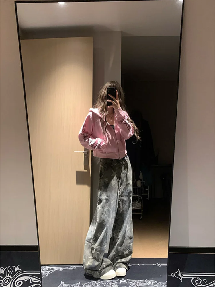 2026 Spring Jeans Women's Retro Star Print Camo Cargo Jeans Stylish Loose Straight Leg Wide Leg Floor-length Denim Pants