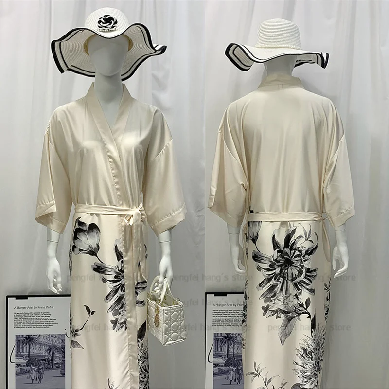 Satin Robe Luxury Chinese Style Peignoir Women Sexy Crane Print Nightwear Loose Home Clothes Sleepwear Loose Kimono Robes