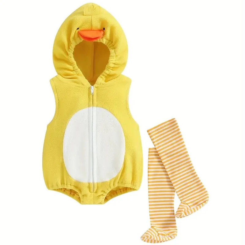 Umorden 0-18M Unisex Yellow Duckling Baby Duck Costume Hoodie Bodysuit Romper Stocking 2pcs/set Sleeveless Halloween Purim