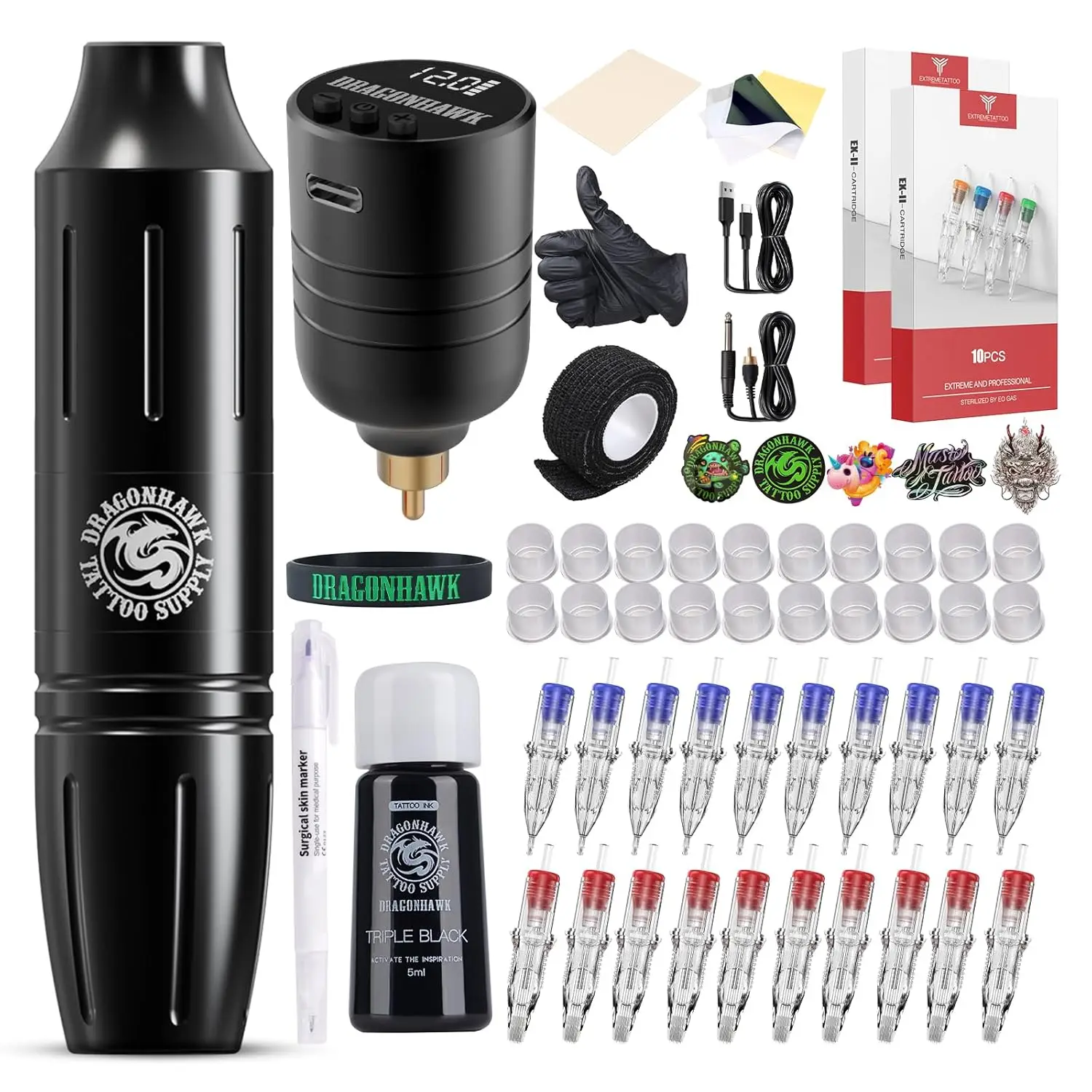 

Wireless Rotary Tattoo Pen Kit with 1300mAh Battery, 20 Cartridge Needles - Complete Beginner Tattoo Set