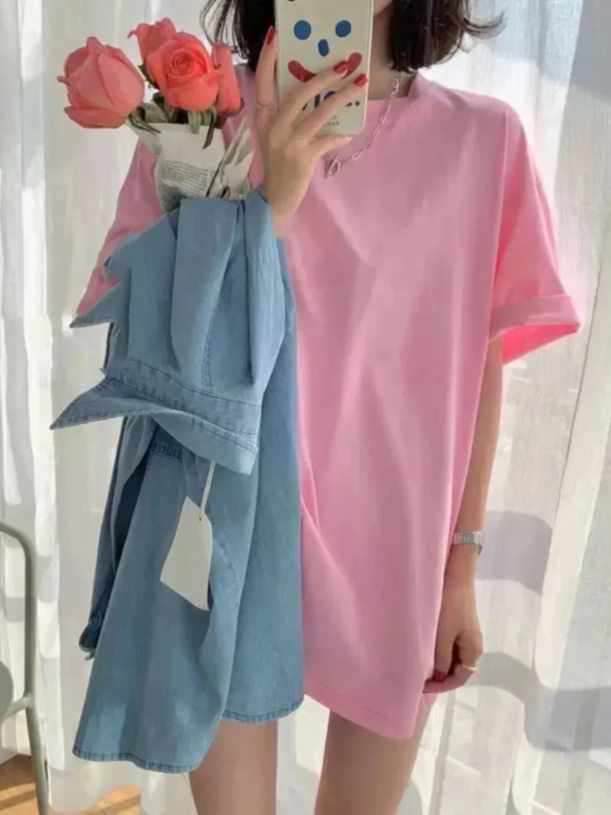 

Loose Fit Pure Cotton ort Sve Mid-Length T-irt Women's Faionable Summer Top Korean Sle round Ne Casual Wear