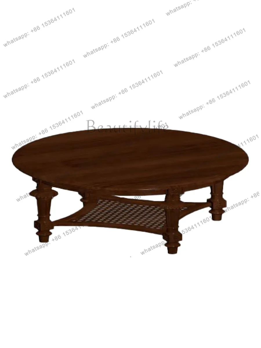 

French retro solid wood carving flower round coffee table medieval light luxury rattan tea table