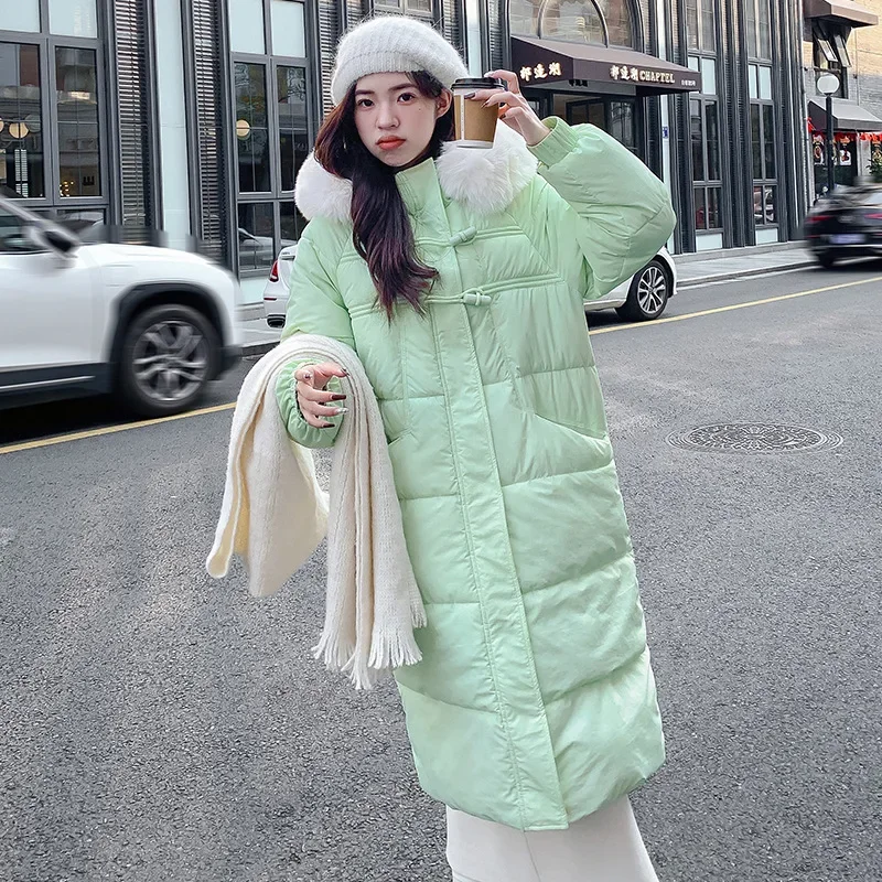 Winter Chinese Style Cotton Jacket for Women 2024 New Style Cotton Jacket Long over the Knee, Big Fur Collar Jacket Thickened