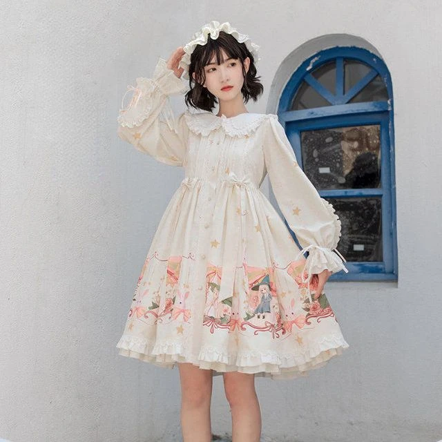 

Милое японское платье MAGOGO в стиле «лолита» для девочек, милое платье принцессы с мультяшным принтом, бантом и оборками, женское платье с длинным рукавом