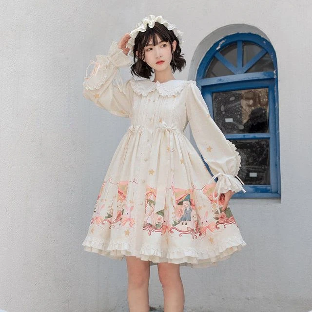 

MAGOGO Japanese Sweet Lolita OP Dress Girls Kawaii Cartoon Print Bow Ruffles Princess Dresses Women Long Sleeve Party Vestidos