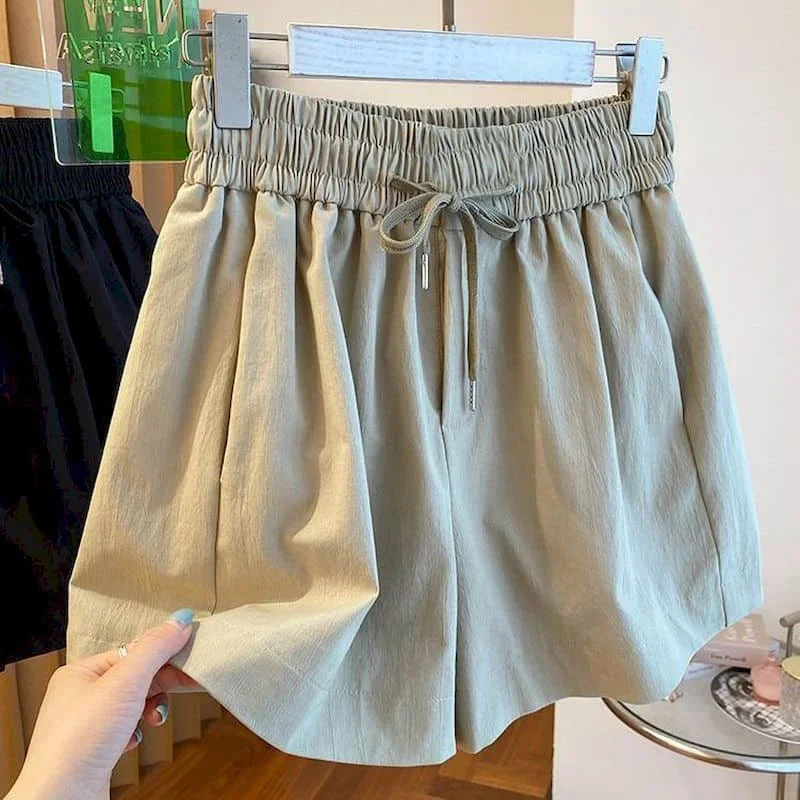 Solidne szorty dla kobiet Sznurowane elastyczne spodnie Casualowe szybkoschnące Harajuku Vintage Luźne koreańskie spodnie z szerokimi nogawkami