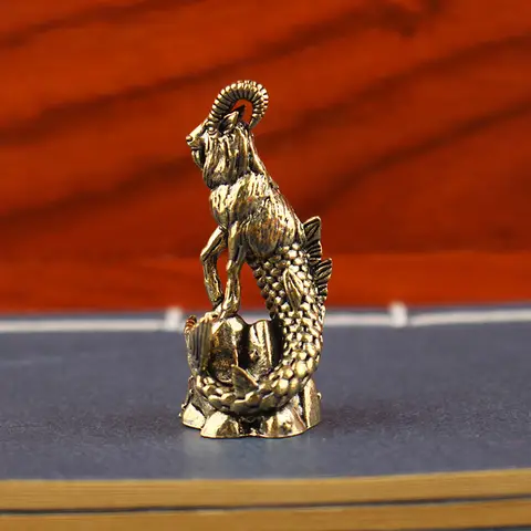 Capricorn Brass Statue​ - Goat Body Fish Tail Zodiac Sign Figurine for Home Office Desk Decor, Vintage Wealth Luck Ornament