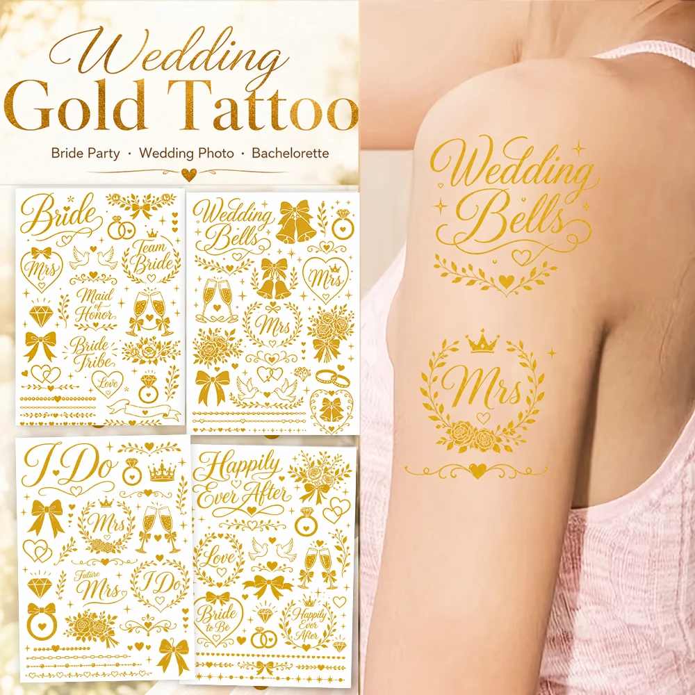 1 Sheet Metallic Tattoo Stickers for Bride Bridesmaid Wedding Body Makeup Waterproof Flash Cup Ring Temporary Tattoos for Women