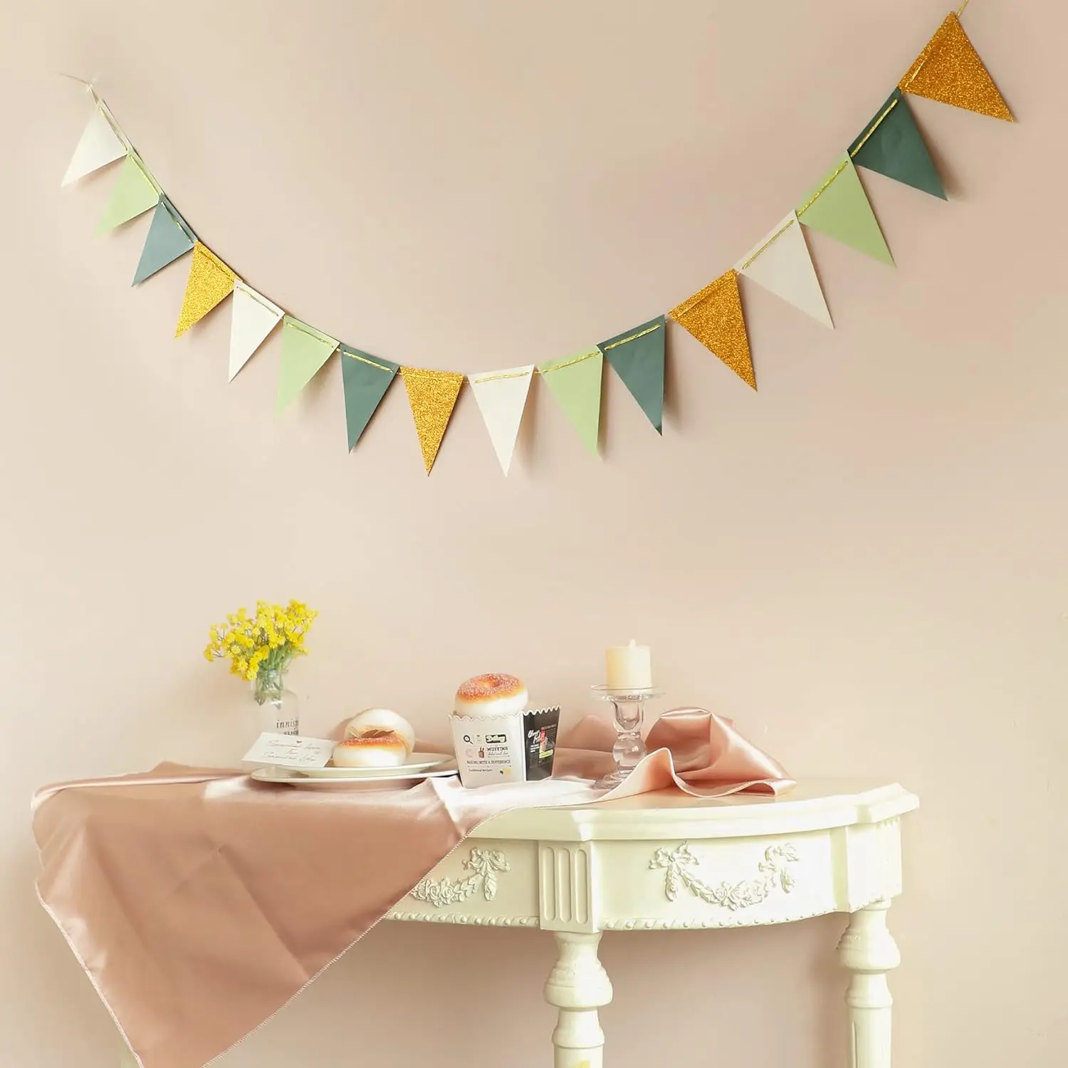 Large Gold Green(10 Feet), Paper Triangle Flags Bunting for Greenery Baby Shower Wedding Nursery Classroom Birthday Party