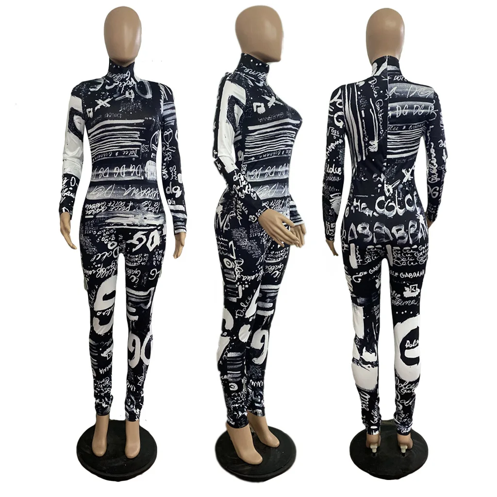 Prowow Fashion Print Women Jumpsuits One-piece Zipper Long Sleeve Bodycons Outfits Turtleneck Female Romper Clothing