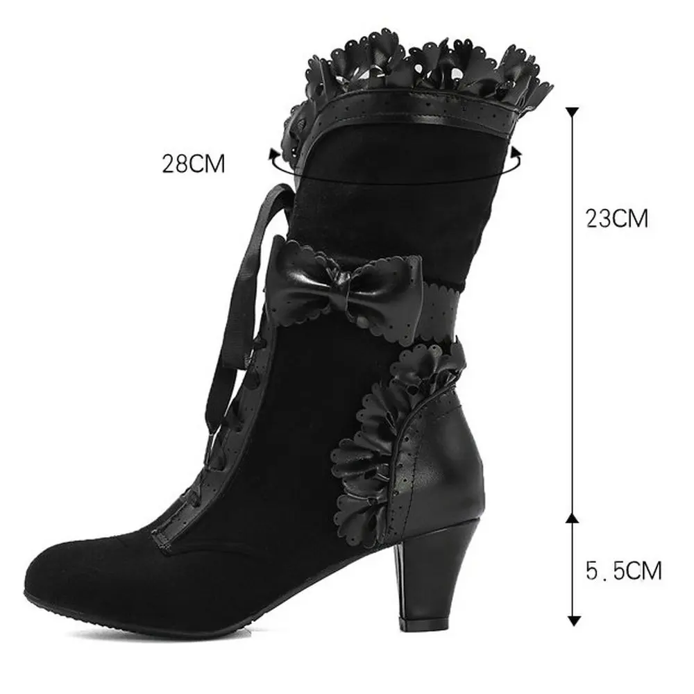 Autumn Winter Vintage Women Victorian Boots Lace Up High Heel Bootie Ruffle Trim Lolita Princess Cosplay Tea Party Costume Shoes