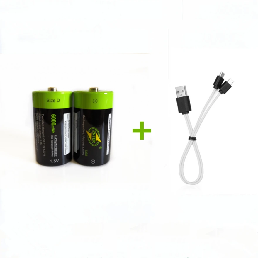 

2PCS ZNTER 1.5V 6000mWh USB rechargeable battery D polymer lithium battery +1PCS 2 in 1 Micro USB charging cable