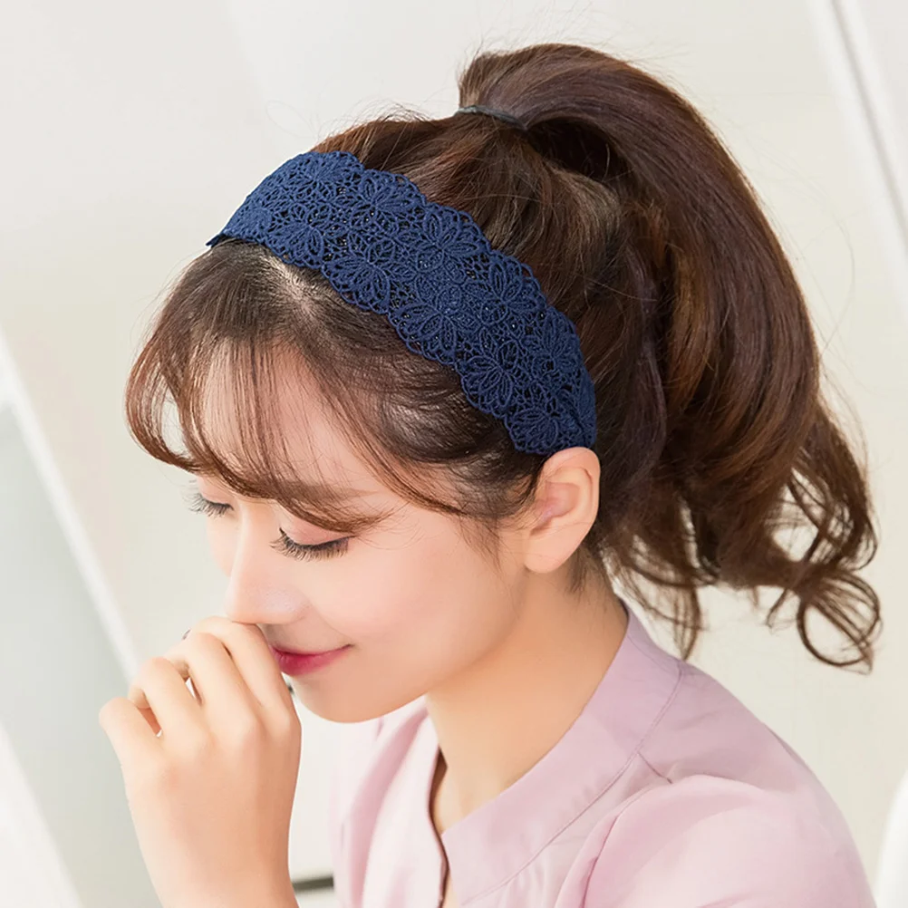 2pcs Lace Headband Hair Wide Headwear Non-slip Headband Fashion Headbands Hair Accessories for Women Girls (Black and Navy Blue)