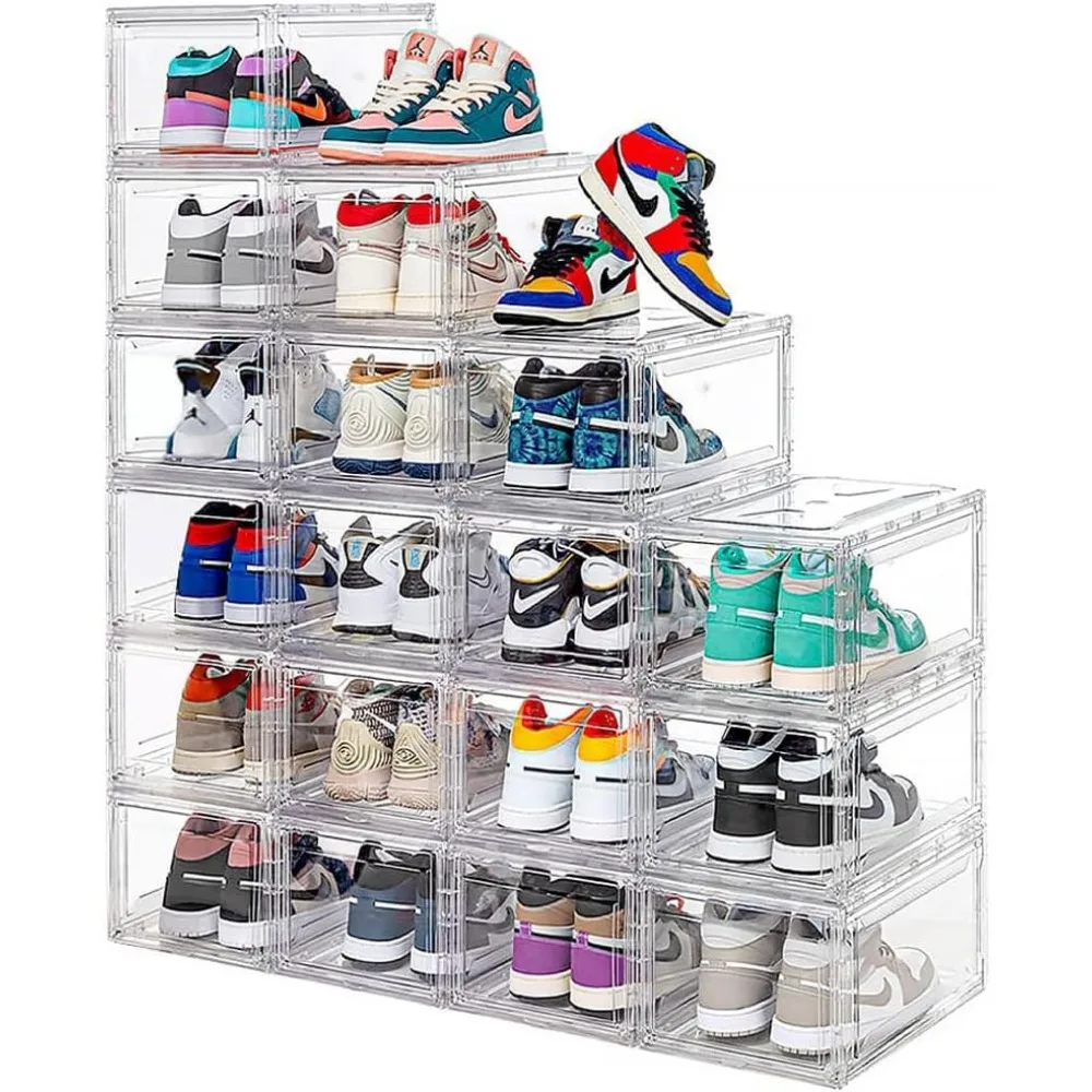 12 Pack Acrylic Clear Shoe Boxes– Ultra Clear Plastic Stackable Sneaker Storage For Sneakerhead with Boots and Hat Organizer