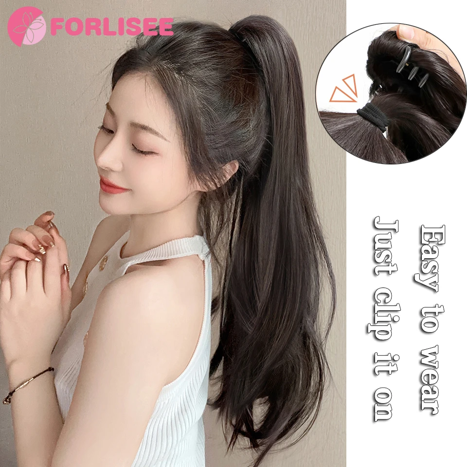 FORLISEE สังเคราะห์คว้าคลิปต่อผมหางม้าวิกผมสีดําธรรมชาติ 60 ซม.คลิปผู้หญิงหางม้าวิกผมยาวตรง Hairpiece