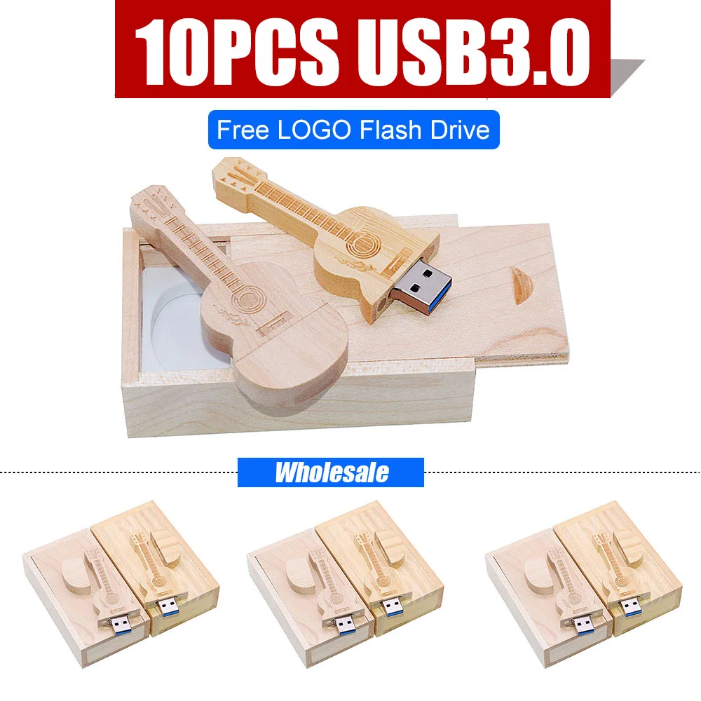 10pcs/lot Free Logo maple Wooden Guitar + BOX USB Flash Drive Pendrive 128GB 64GB 32GB 16GB 8GB U Disk Photography Wedding Gifts