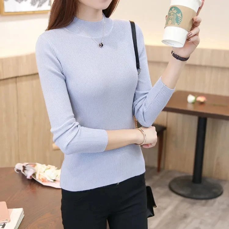 

Korean Sle Women's Slim Fit Long Sve Knitted Sweater Base irt f High Collar Pure Color Crew Ne Pullover Top