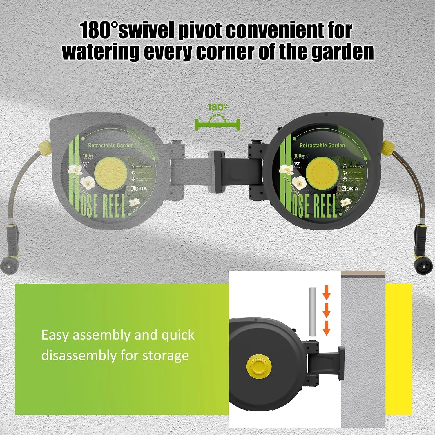 Retractable Garden Hose Reel, 1/2 in x 100 ft Wall Mounted Heavy Duty Garden Hose Reel with 9 Patterns Nozzle, Any Length Lock,